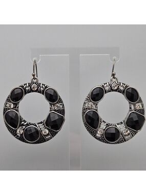 ✨2/$10✨ Vintage-Inspired Silver-Tone Hoop Drop Earrings w/ Black & Clear Stones